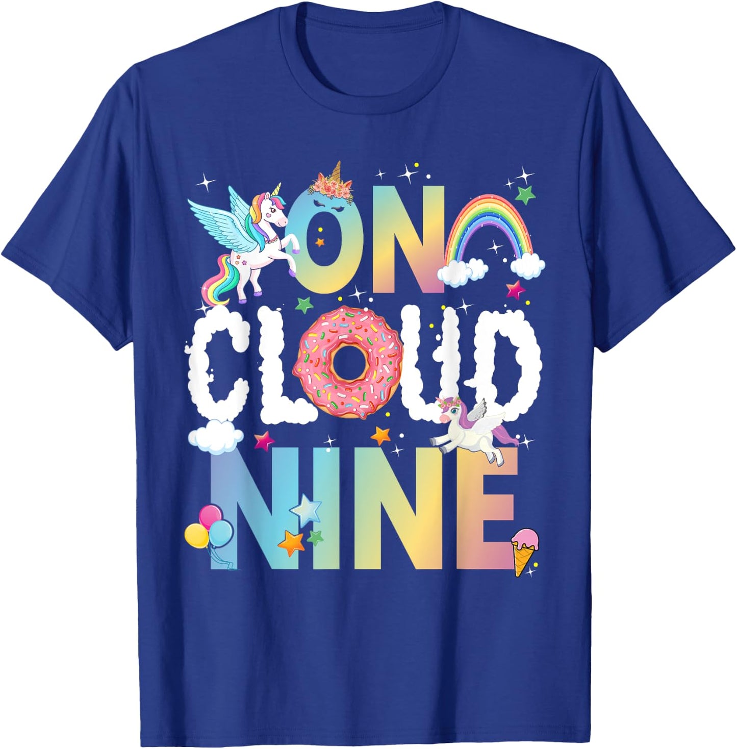 Retro On Cloud Nine Flower Happy 9th Birthday 9 Years Old T-Shirt - T-Shirt | Royal