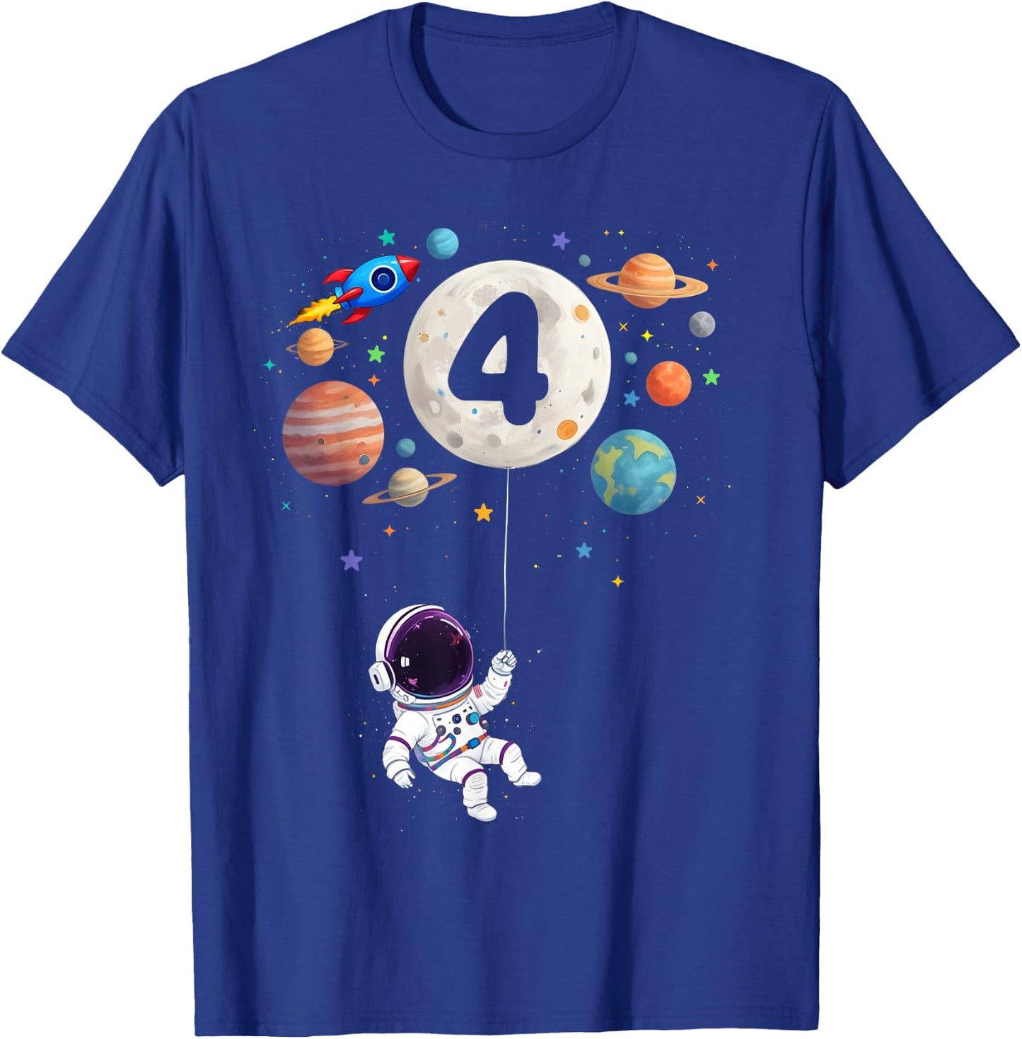 4 Years Old Birthday Space Planets Astronaut 4th Birthday T-Shirt - T-Shirt | Royal