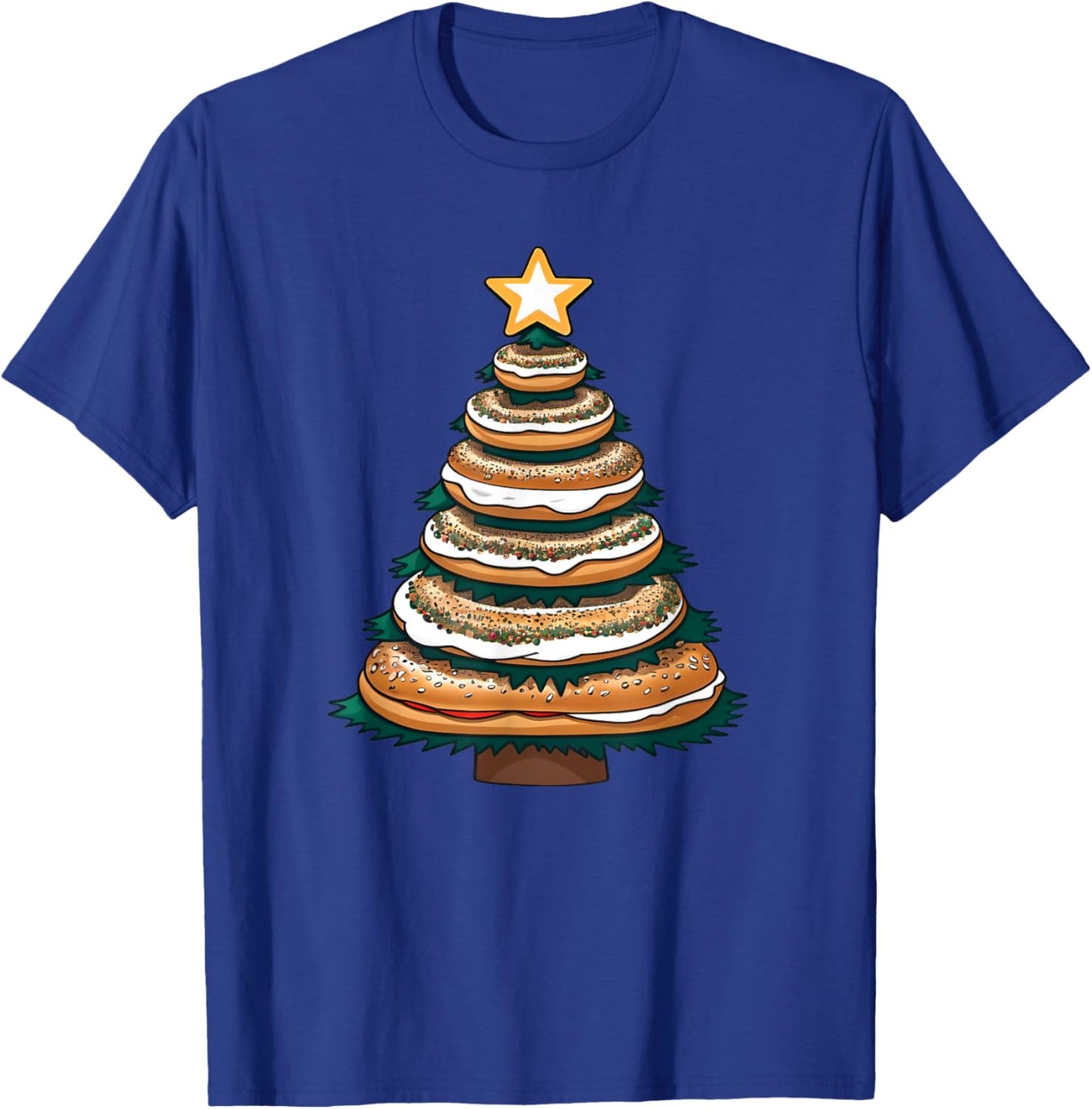 X-mas Breakfast Pastry and Baked Treat -Adults and Kids Blue Small Modern Christmas Everything Bagel with Cream Cheese Christmas Tree T-Shirt - T-Shirt | Royal