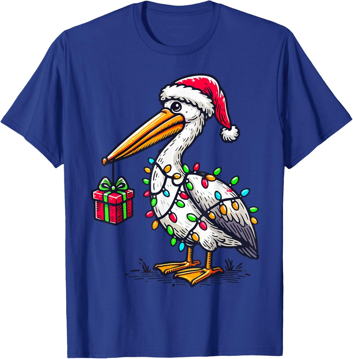 Pelican Bird Wearing Santa Hat, Holding A Present Box Xmas T-Shirt - T-Shirt | Royal