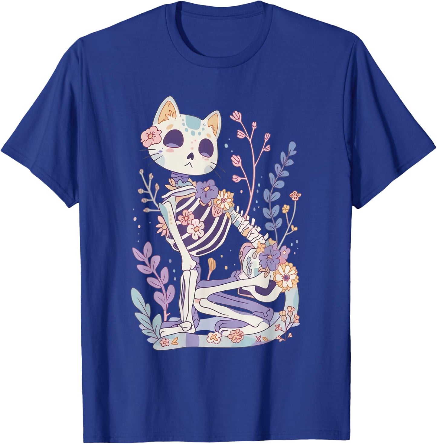 Kawaii Pastel Floral Goth Cute Creepy Cat Skeleton T-Shirt - T-Shirt | Royal