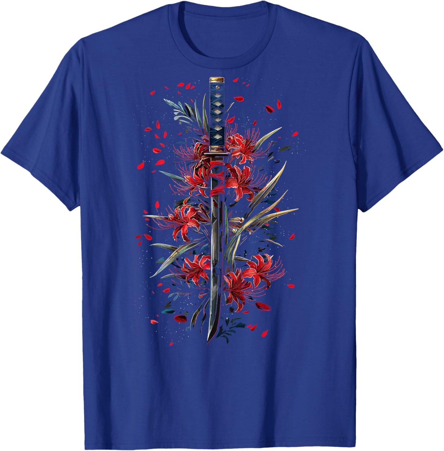 Red Spider Lily Flower Japanese Katana Sword Backprinted T-Shirt - T-Shirt | Royal