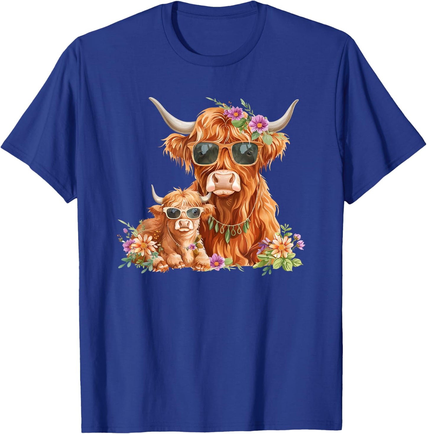 Cute Mama Highland Cow With Baby Calf Boho Floral Mommy Cow T-Shirt - T-Shirt | Royal