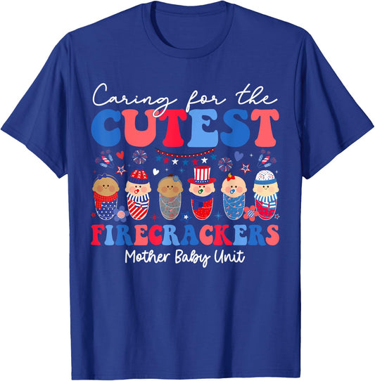 Caring For Cutest Firecrackers Mother Baby Unit 4th Of July Kids Men T-Shirt - T-Shirt | Royal