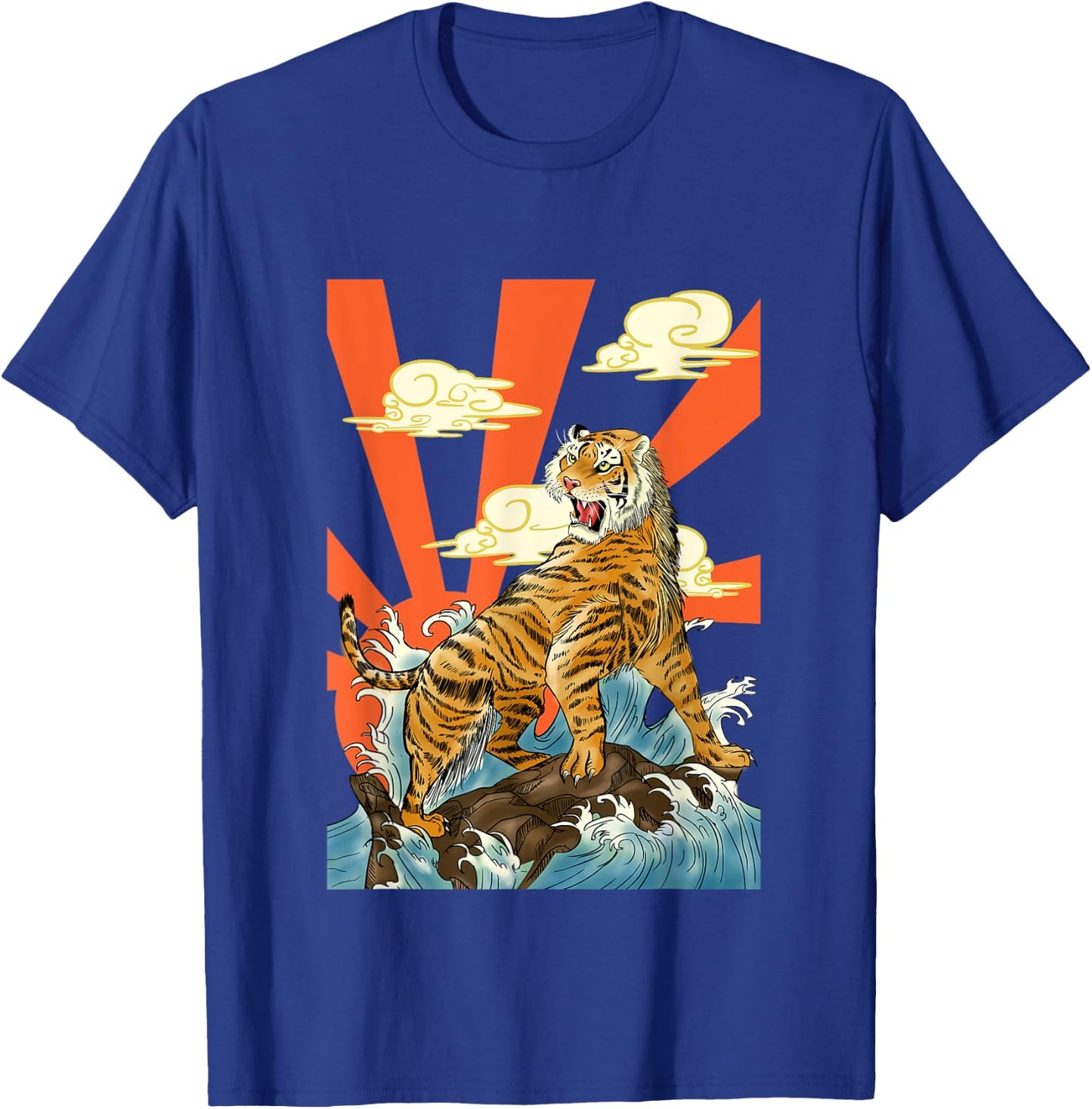 Majestic Tiger Roaring Over Waves with Rising Sun Backdrop T-Shirt - T-Shirt | Royal