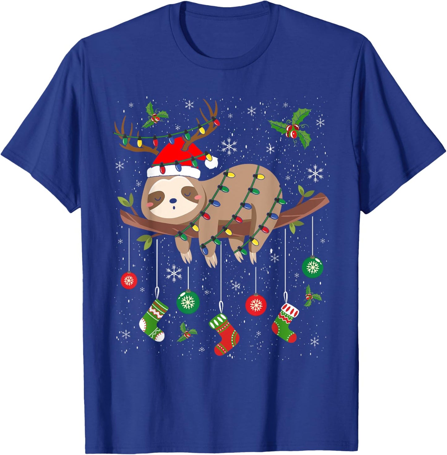 Sloths Xmas Lighting Reindeer Santa Hat Sloth Christmas T-Shirt - T-Shirt | Royal