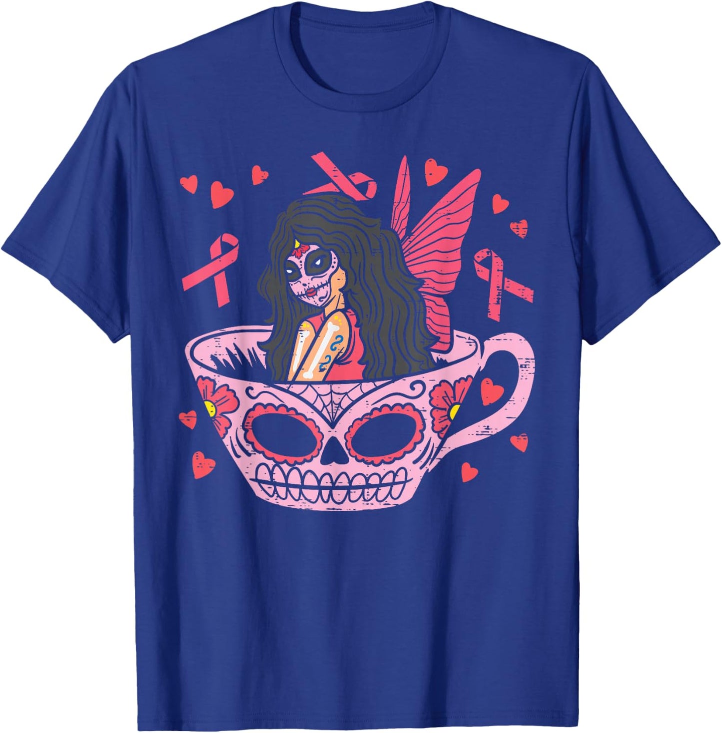 Sugar Skull Fairy In Tea Cup Breast Cancer Awareness Mexican T-Shirt - T-Shirt | Royal