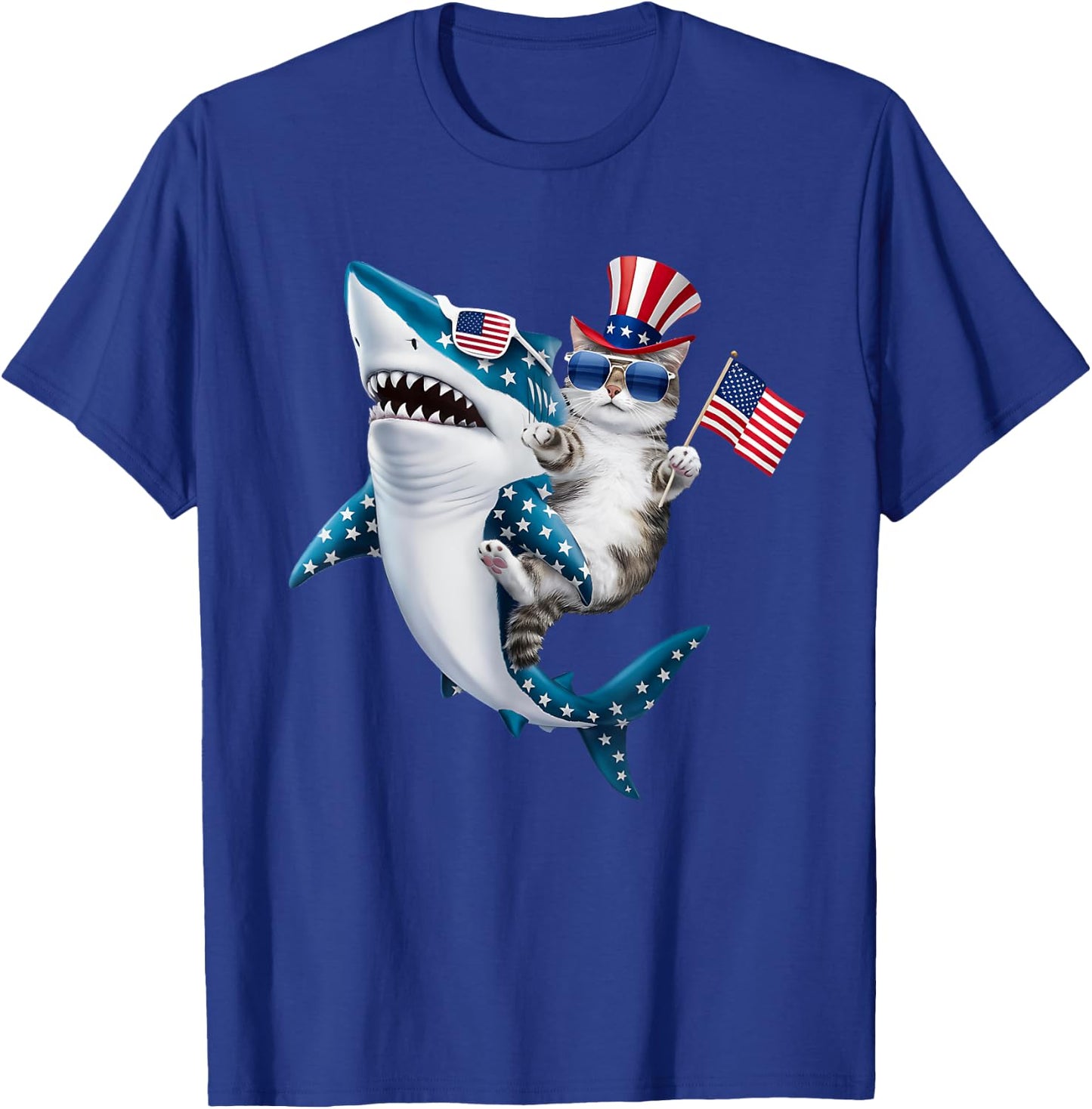 Awesome Patriotic Cat Riding Shark usa flag sunglasses Women Kids Men T-Shirt - T-Shirt | Royal