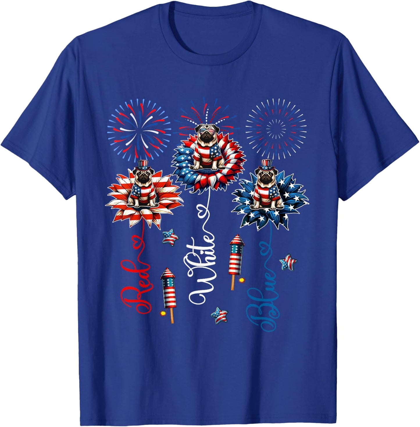 Red Blue White Three Cute Pugs On Floral 4th July Patriotic T-Shirt - T-Shirt | Royal