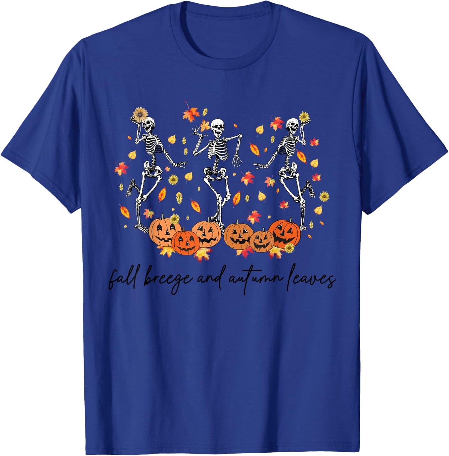 Fall Breeze and Autumn Leaves Dancing Skeleton Halloween T-Shirt - T-Shirt | Royal