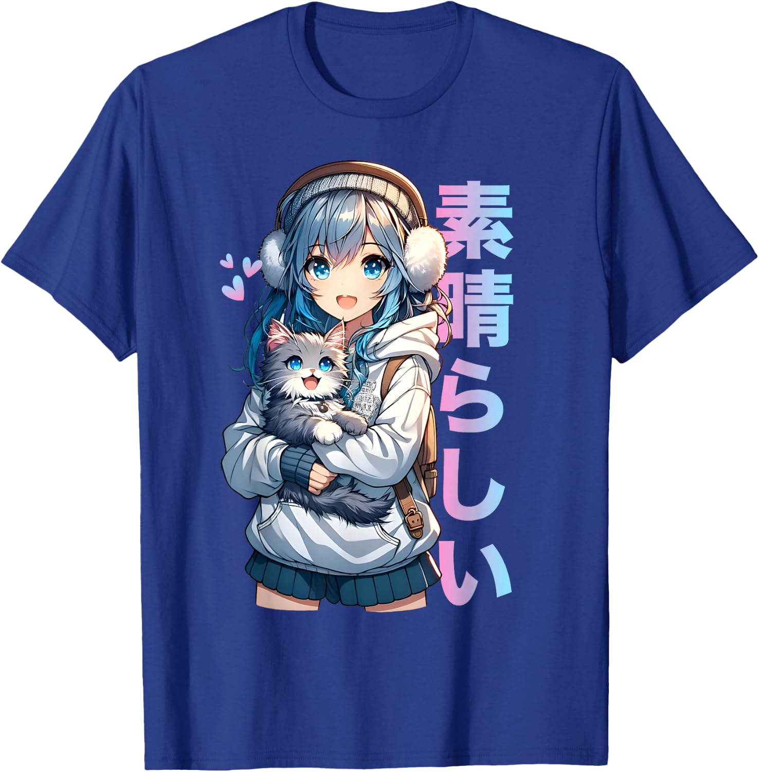 Cute Anime Girl with a Cat for Cat Lover Kawaii Otaku Manga T-Shirt - T-Shirt | Royal