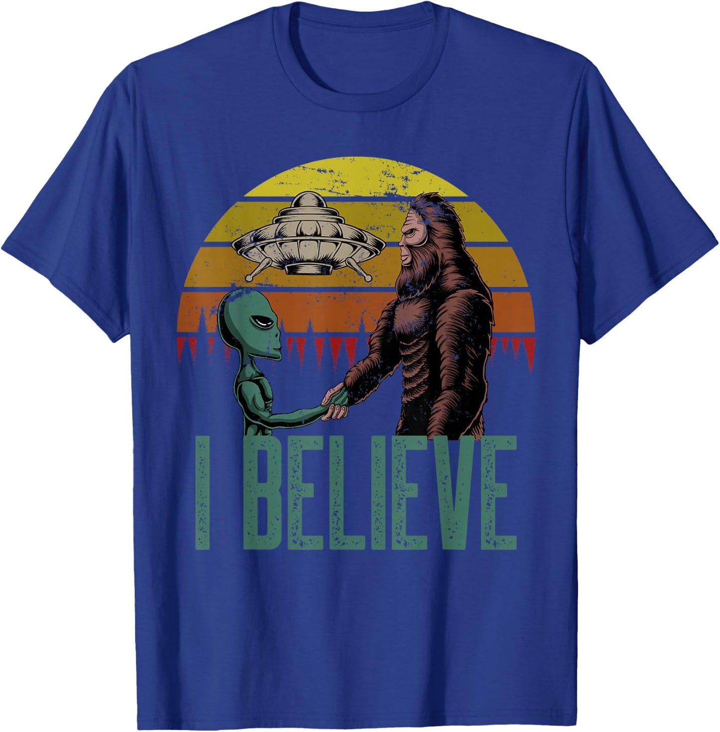 I Believe Bigfoot Alien UFO Flying Object Vintage T-Shirt - T-Shirt | Royal