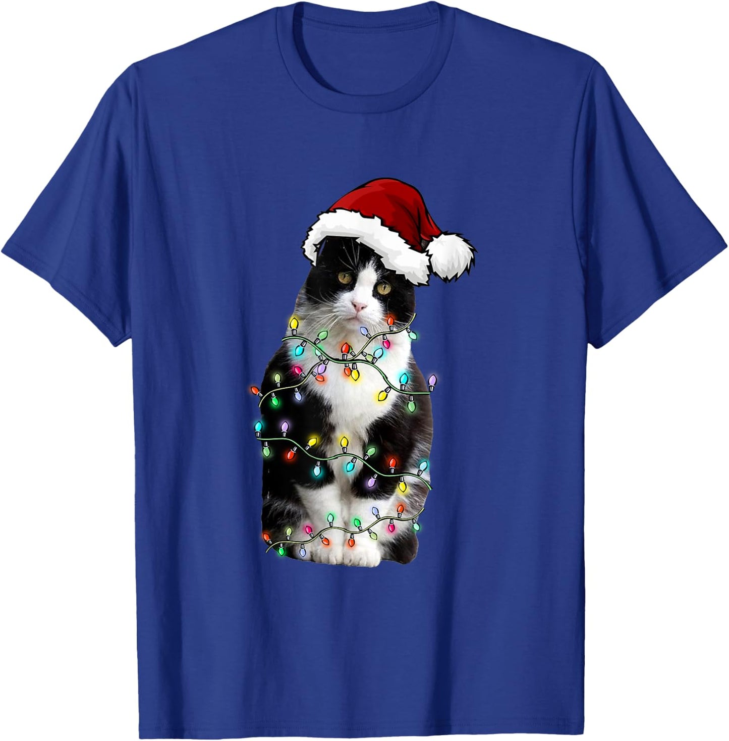 Cute Tuxedo Black Cat Christmas Light Cat Christmas Pajama Men Women Kids T-Shirt - T-Shirt | Royal