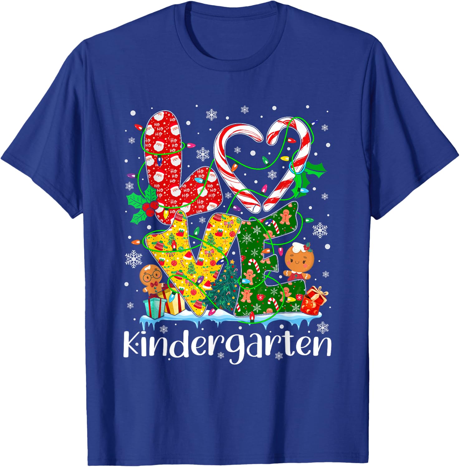 Love Kindergarten Teacher Xmas Gingerbread Christmas Pajamas T-Shirt - T-Shirt | Royal