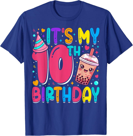 It's My 10th Birthday Bubble Boba Tea Party 10 Year Old Girl T-Shirt - T-Shirt | Royal