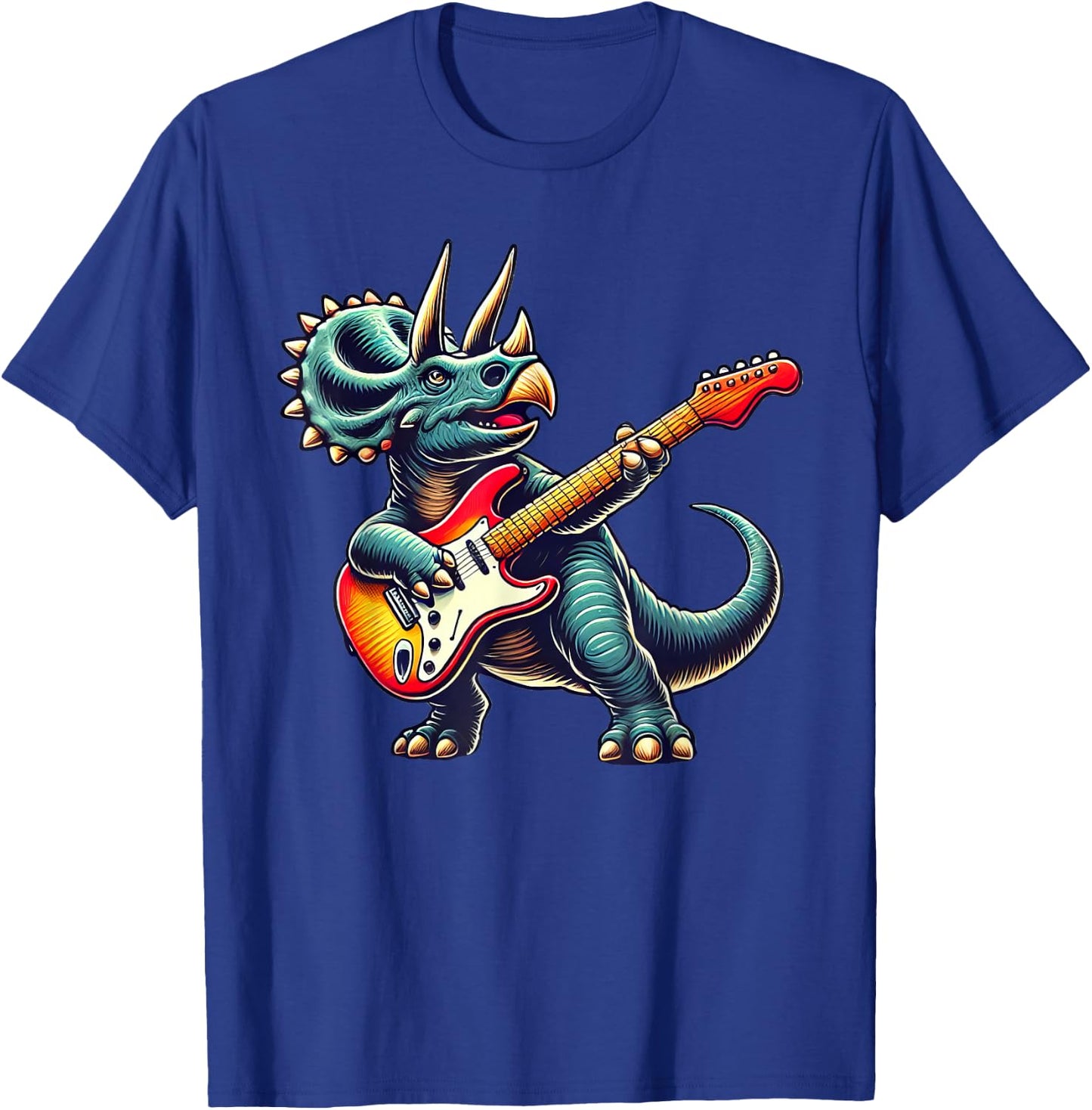 Triceratops Dinosaur Playing Guitar Musician Music T-Shirt - T-Shirt | Royal