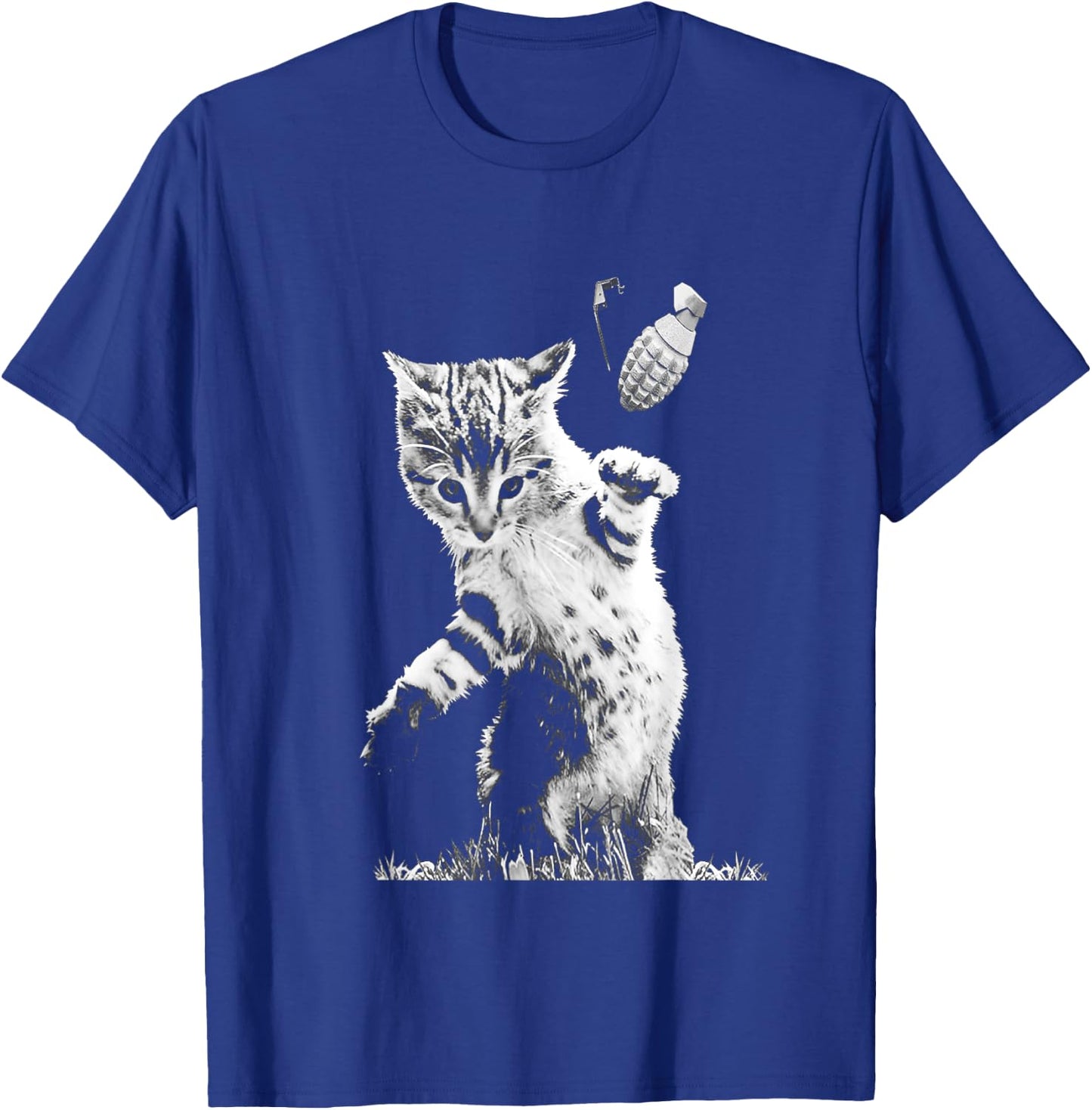 Cat Throwing Grenade Funny Kitty Cat Grenade Scene Cat Lover T-Shirt - T-Shirt | Royal