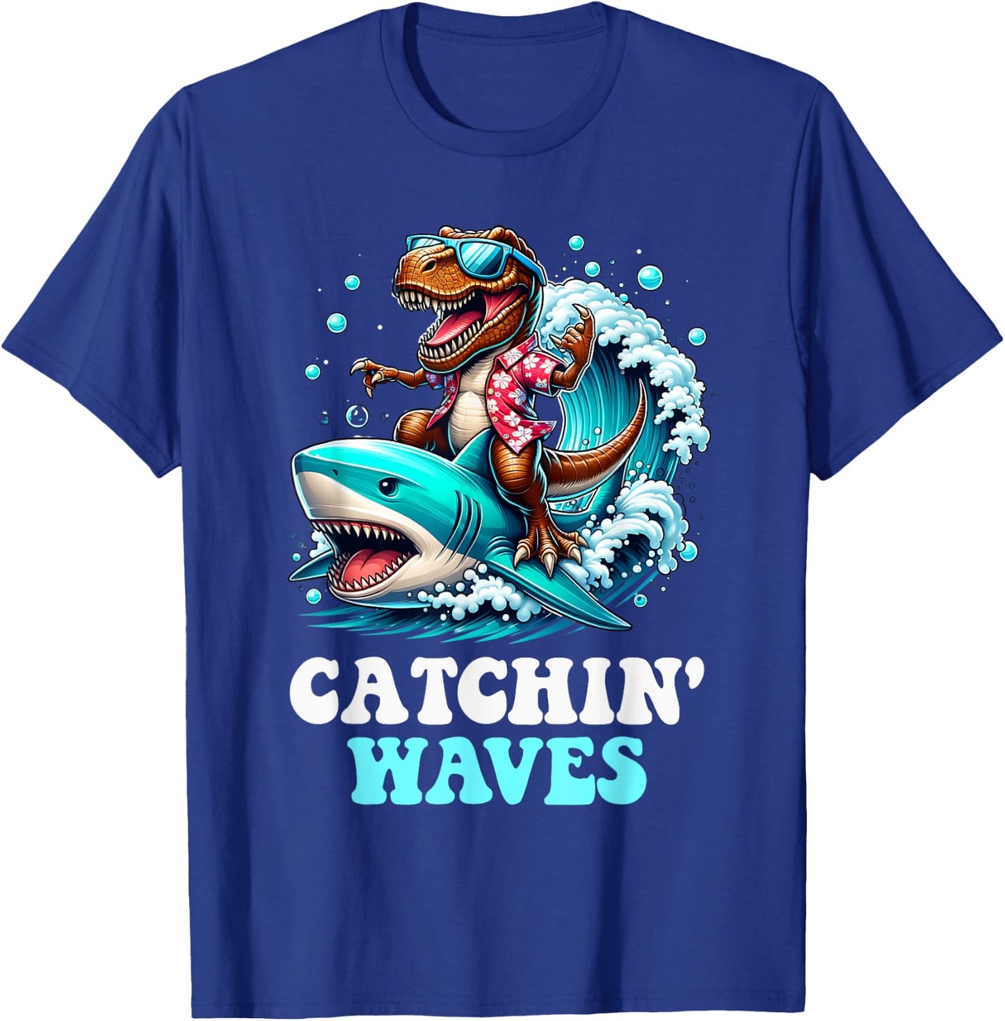 Catchin Waves T-Rex Dinosaur Riding Shark Surfing Wave Beach Women Kids T-Shirt - T-Shirt | Royal