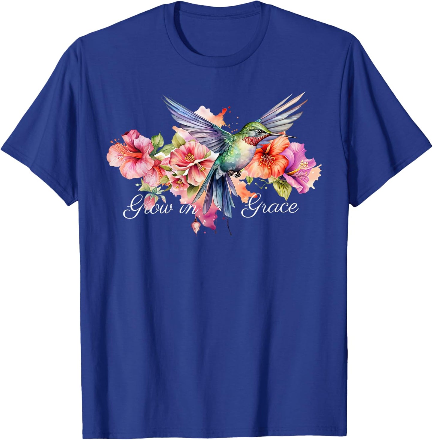 Grow In Grace Flower Hummingbird Christian Bible Verse T-Shirt - T-Shirt | Royal