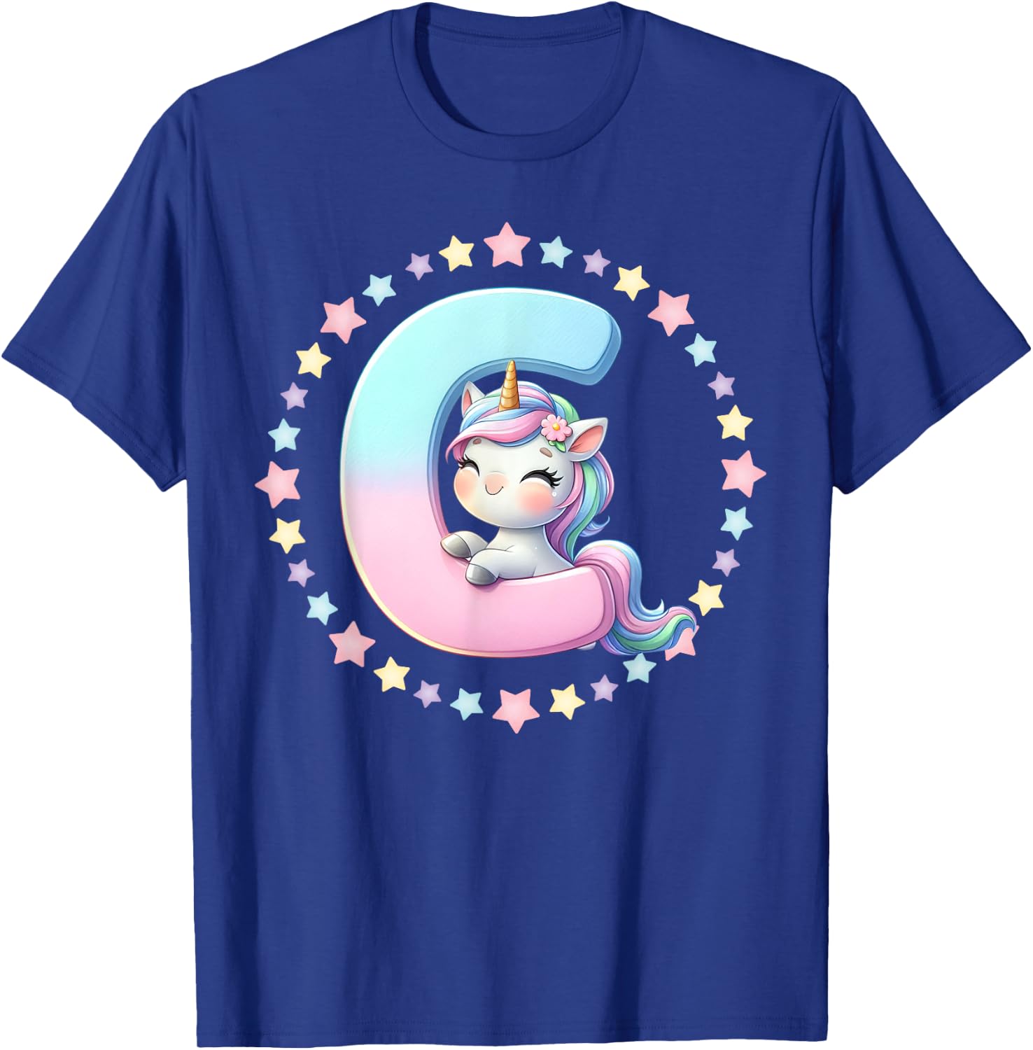 Unicorn Letter C Initial Rainbow Monogram Girls Kids T-Shirt - T-Shirt | Royal