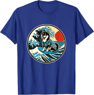 Great Wave Kanagawa Black and tan Shiba Inu Surfing T-Shirt - T-Shirt | Royal
