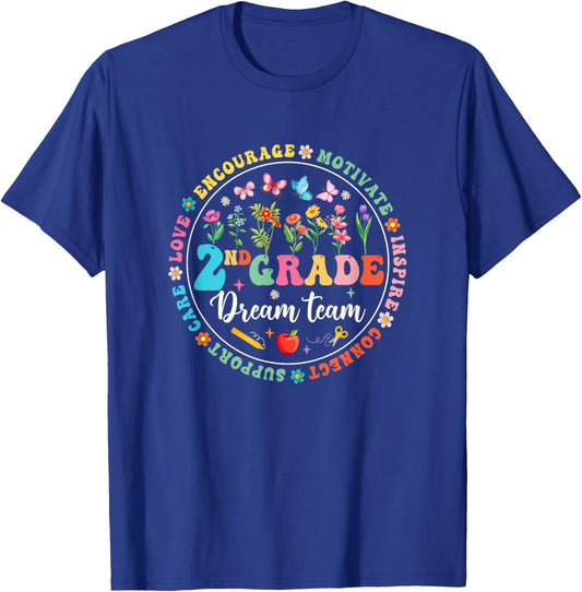 Second Grade Dream Team Back To School Teacher Flower T-Shirt - T-Shirt | Royal