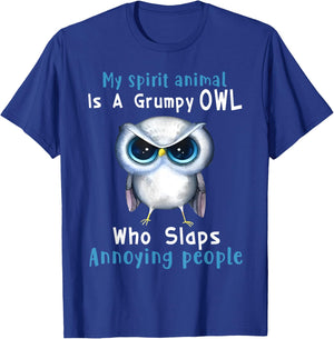 Art Animal Lover Owl Grumpy Owl Spirit Animal , Black, , Small, Short Sleeve, Modern, Cartoon, All Seasons, Casual, Halloween, Christmas T-Shirt - T-Shirt | Royal