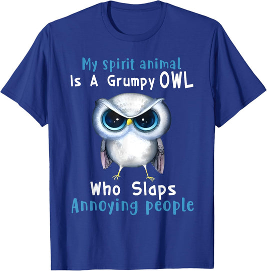 Art Animal Lover Owl Grumpy Owl Spirit Animal , Black, , Small, Short Sleeve, Modern, Cartoon, All Seasons, Casual, Halloween, Christmas T-Shirt - T-Shirt | Royal
