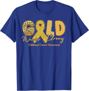 Gold Warrior Strong Childhood Cancer Awareness Gold Ribbon T-Shirt - T-Shirt | Royal