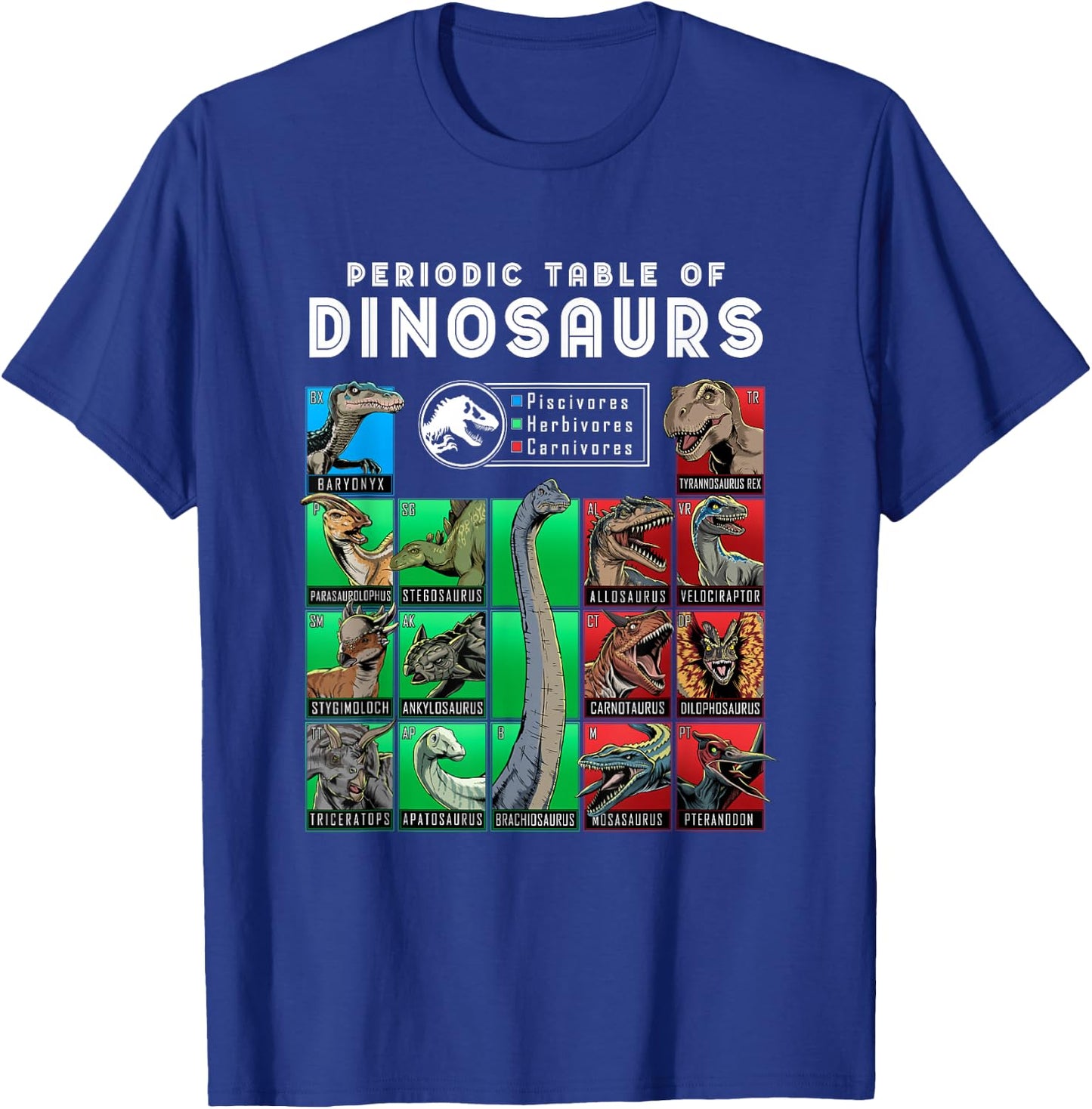 Jurassic World Neon Colorful Periodic Table Of Dinosaurs T-Shirt - T-Shirt | Royal