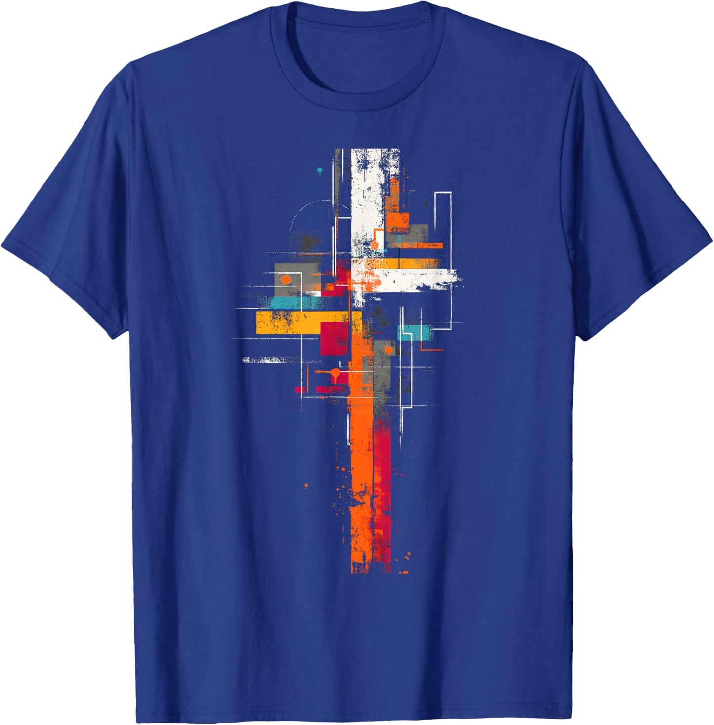 Grunge Abstract Geometric Cross, Orange Yellow Teal Graphic T-Shirt - T-Shirt | Royal
