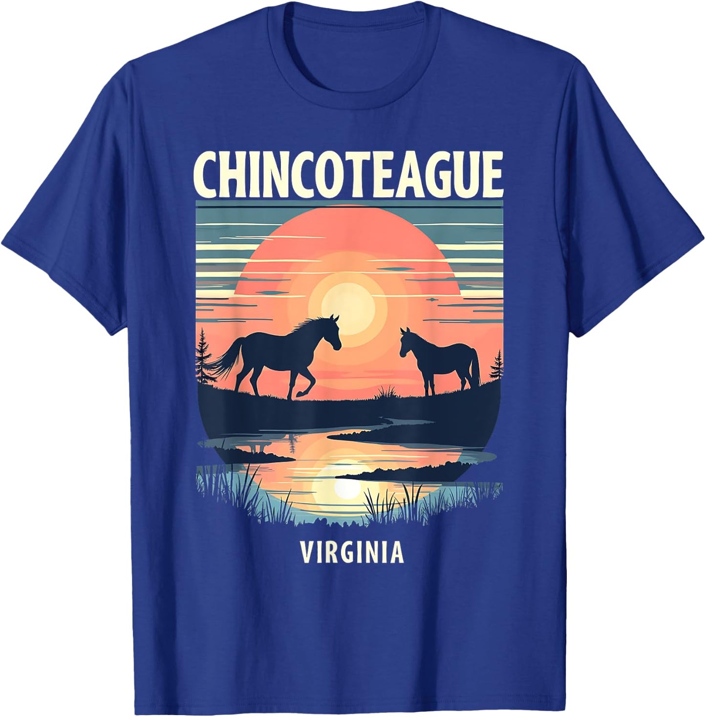 Retro Sunset Horse Silhouettes Chincoteague Virginia T-Shirt - T-Shirt | Royal