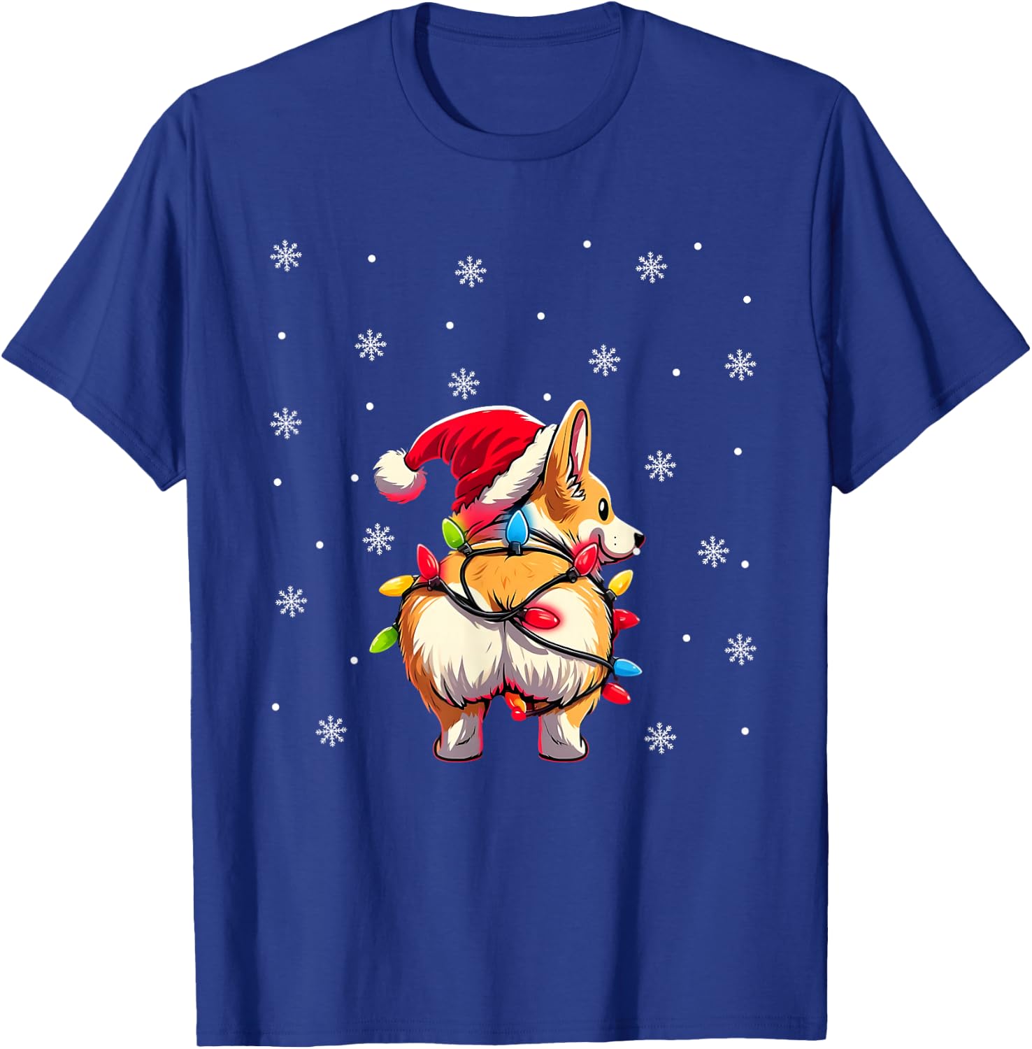 Corgi Butt Funny Santa Hat Christmas Snowflakes Lights T-Shirt - T-Shirt | Royal
