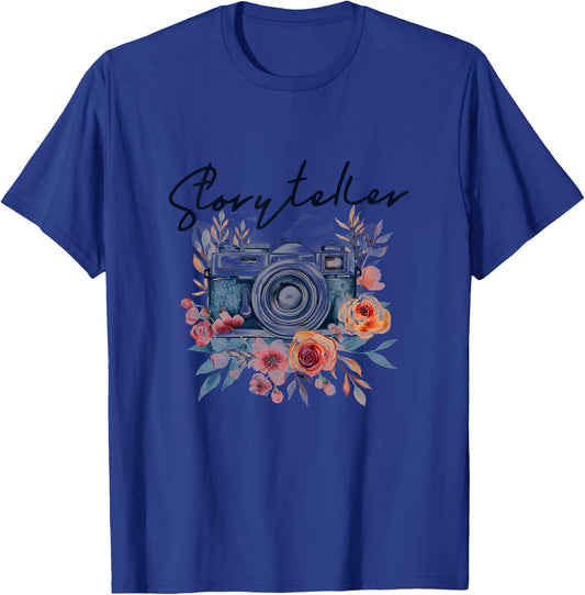 Photographer Storyteller Vintage Camera Flowers Photography T-Shirt - T-Shirt | Royal