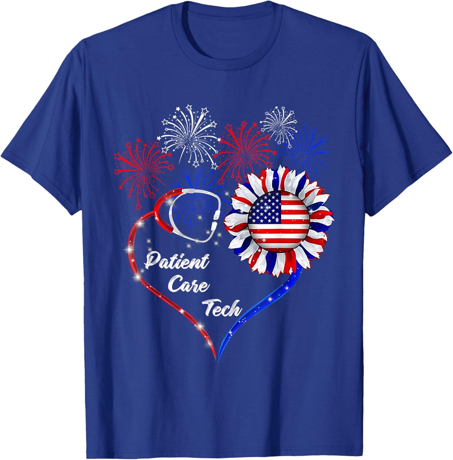 American Flag July 4th Firework Sunflower Patient Care Tech T-Shirt - T-Shirt | Royal