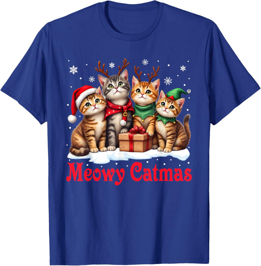 Christmas Pajamas Men Women Boys Girls Cats Meowy Catmas T-Shirt - T-Shirt | Royal