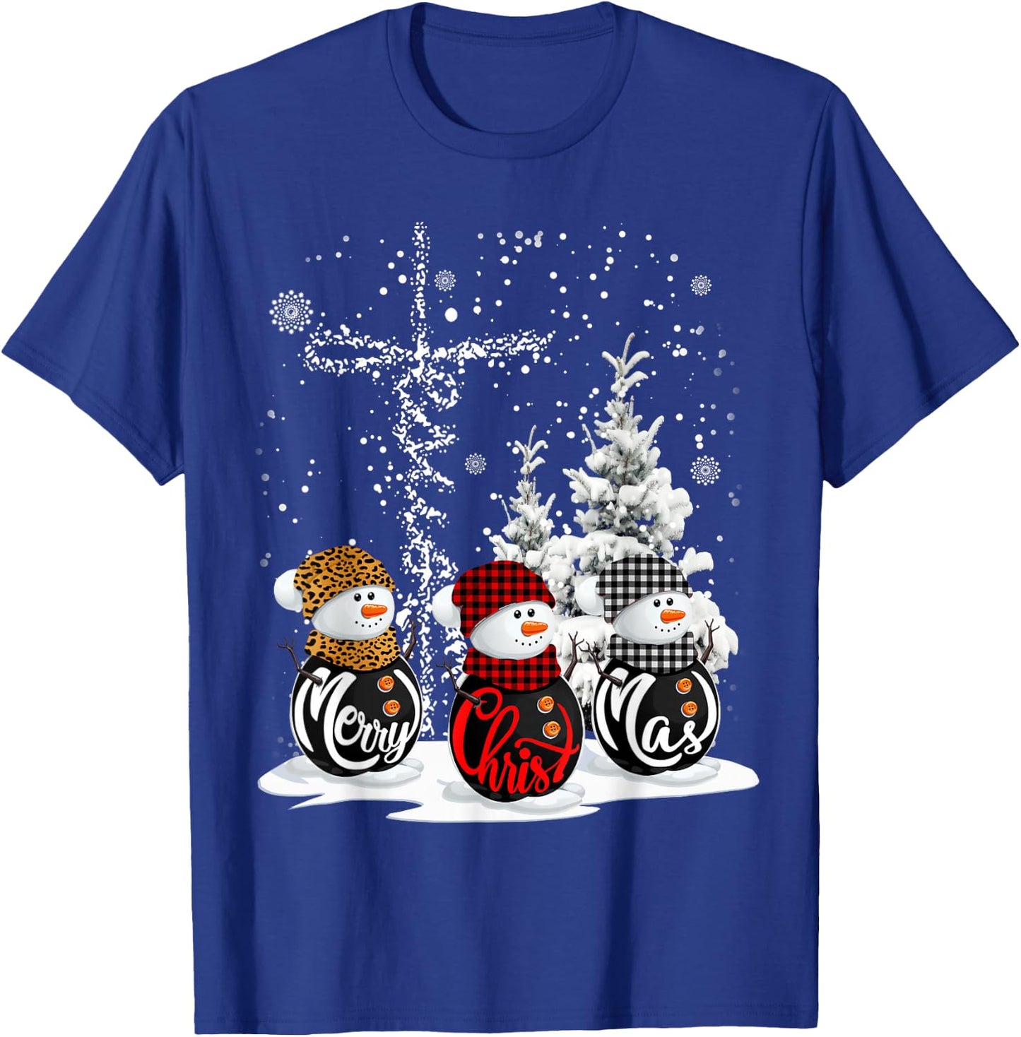 Merry Christmas Snowman Leopard Buffalo Red Plaid Men Women T-Shirt - T-Shirt | Royal