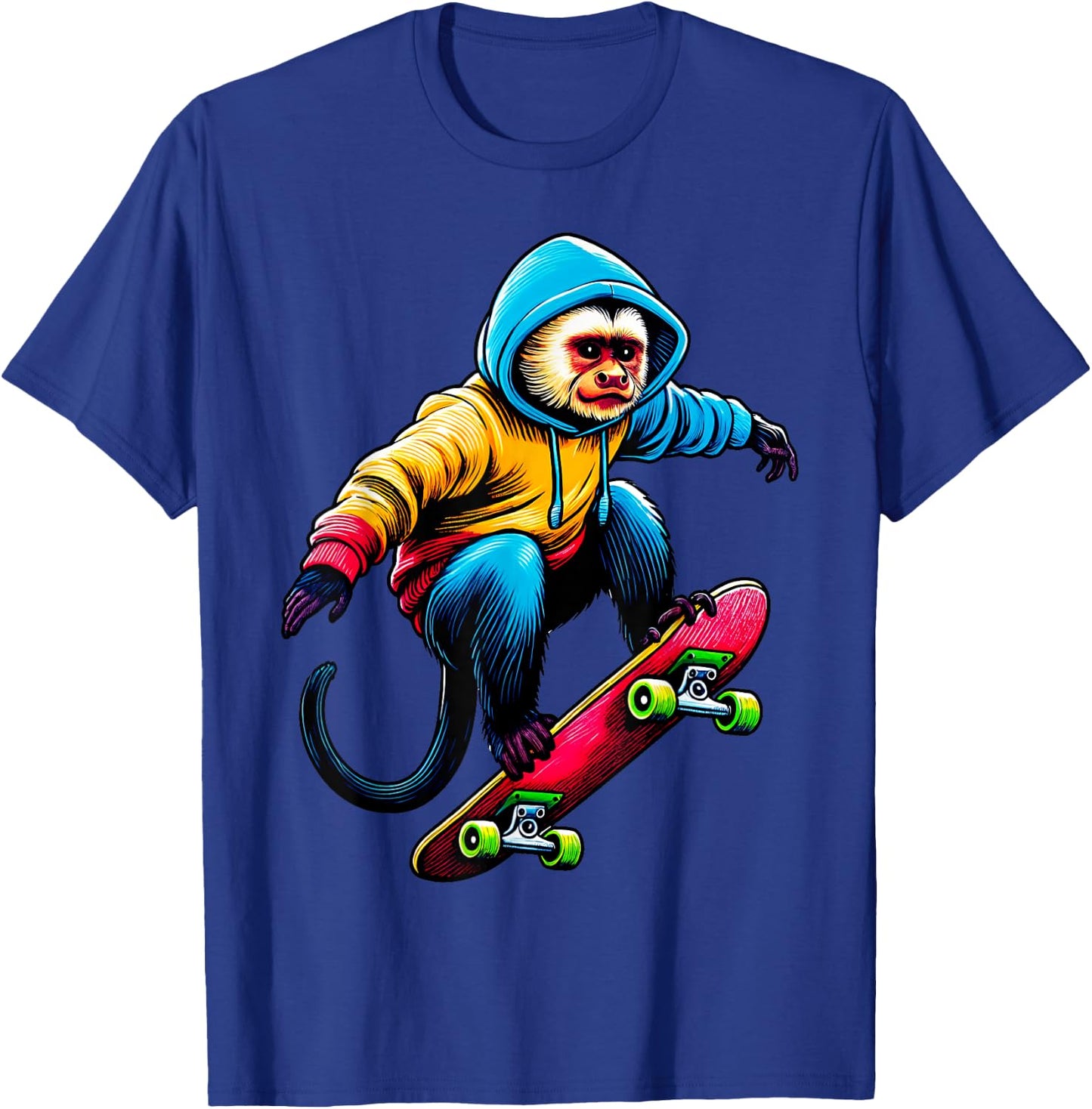 Cool Funky Capuchin Monkey Skateboarding Illustration Art T-Shirt - T-Shirt | Royal