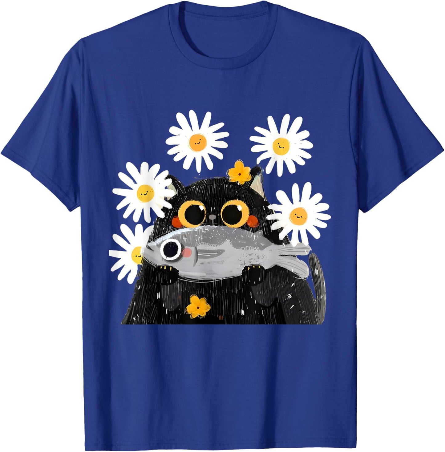 Cute Cat Holding Fish Cat Fish Lover Floral Cat Funny Kitty T-Shirt - T-Shirt | Royal