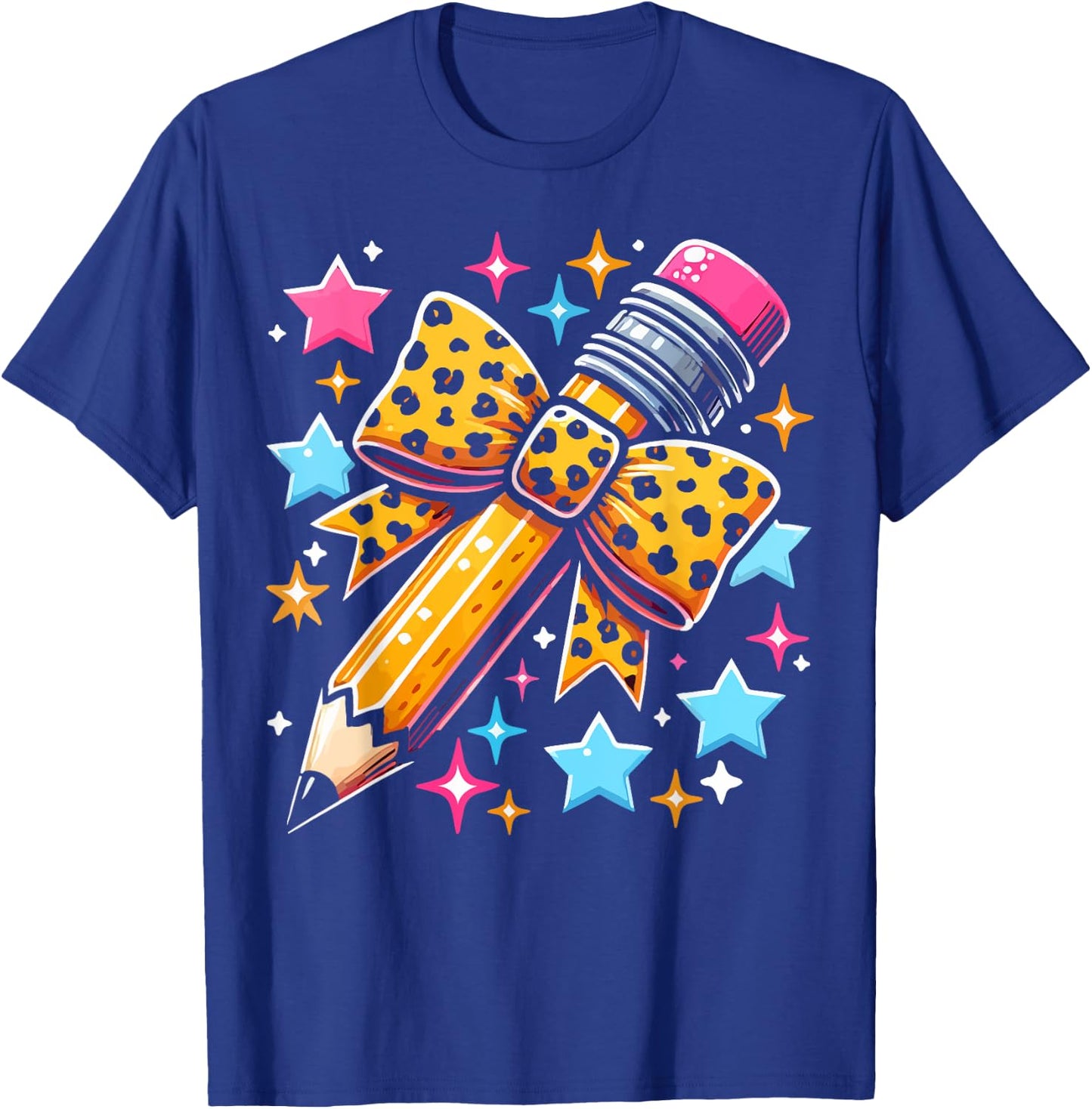 Pencil Leopard Coquette Bow Teacher Life Back To School T-Shirt - T-Shirt | Royal