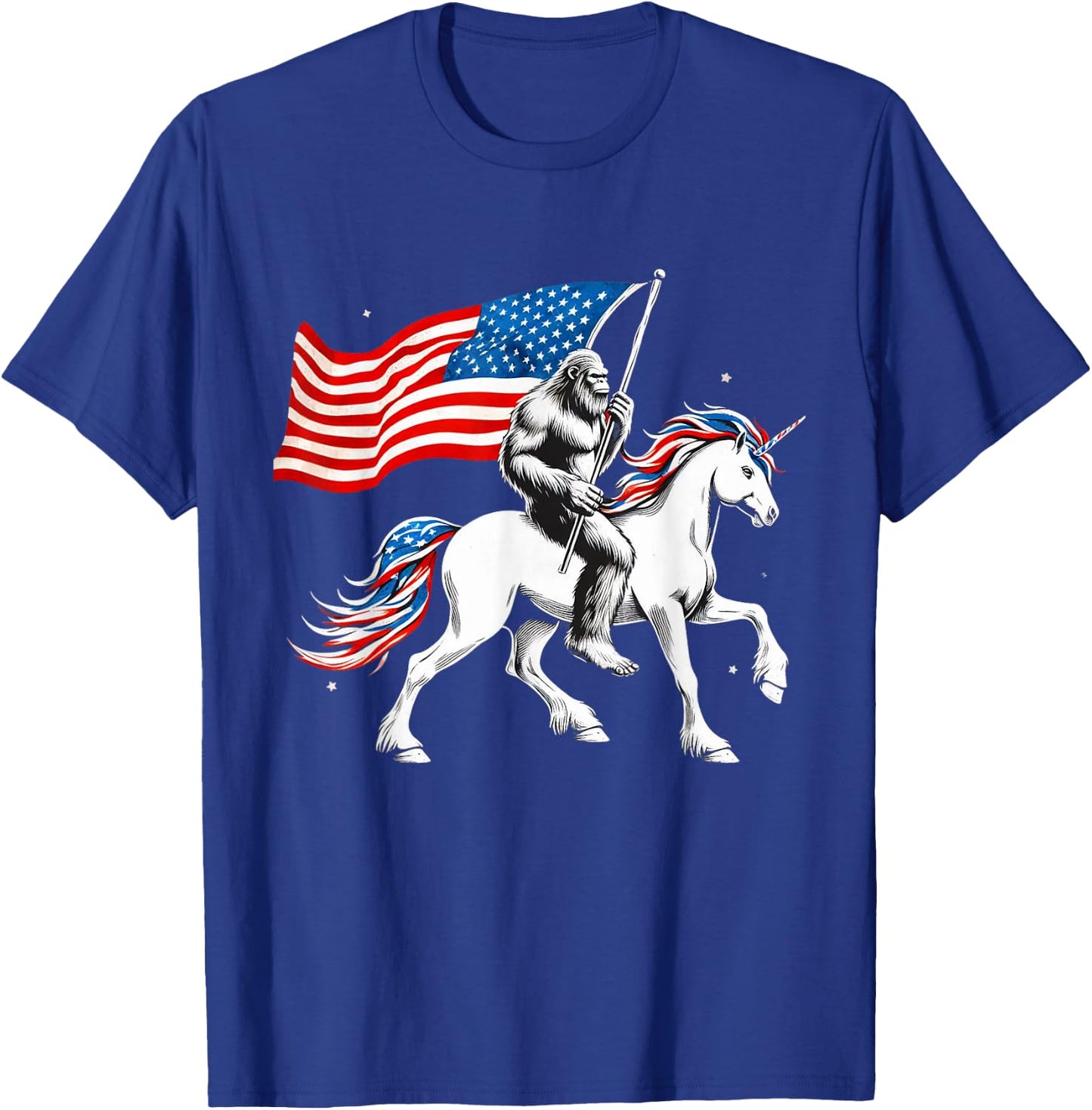 Patriotic Bigfoot Riding Unicorn 4th Of July Sasquatch Women Kids Men T-Shirt - T-Shirt | Royal