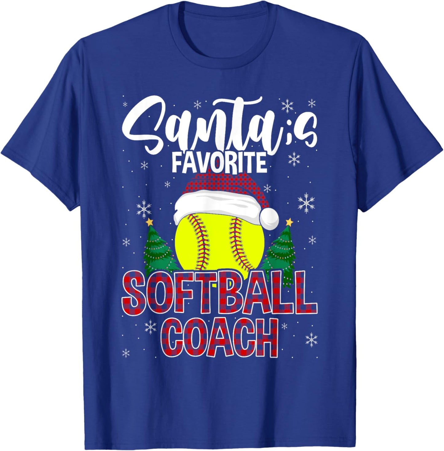 Funny Santa's Favorite Softball Coach Christmas Plaid Xmas T-Shirt - T-Shirt | Royal