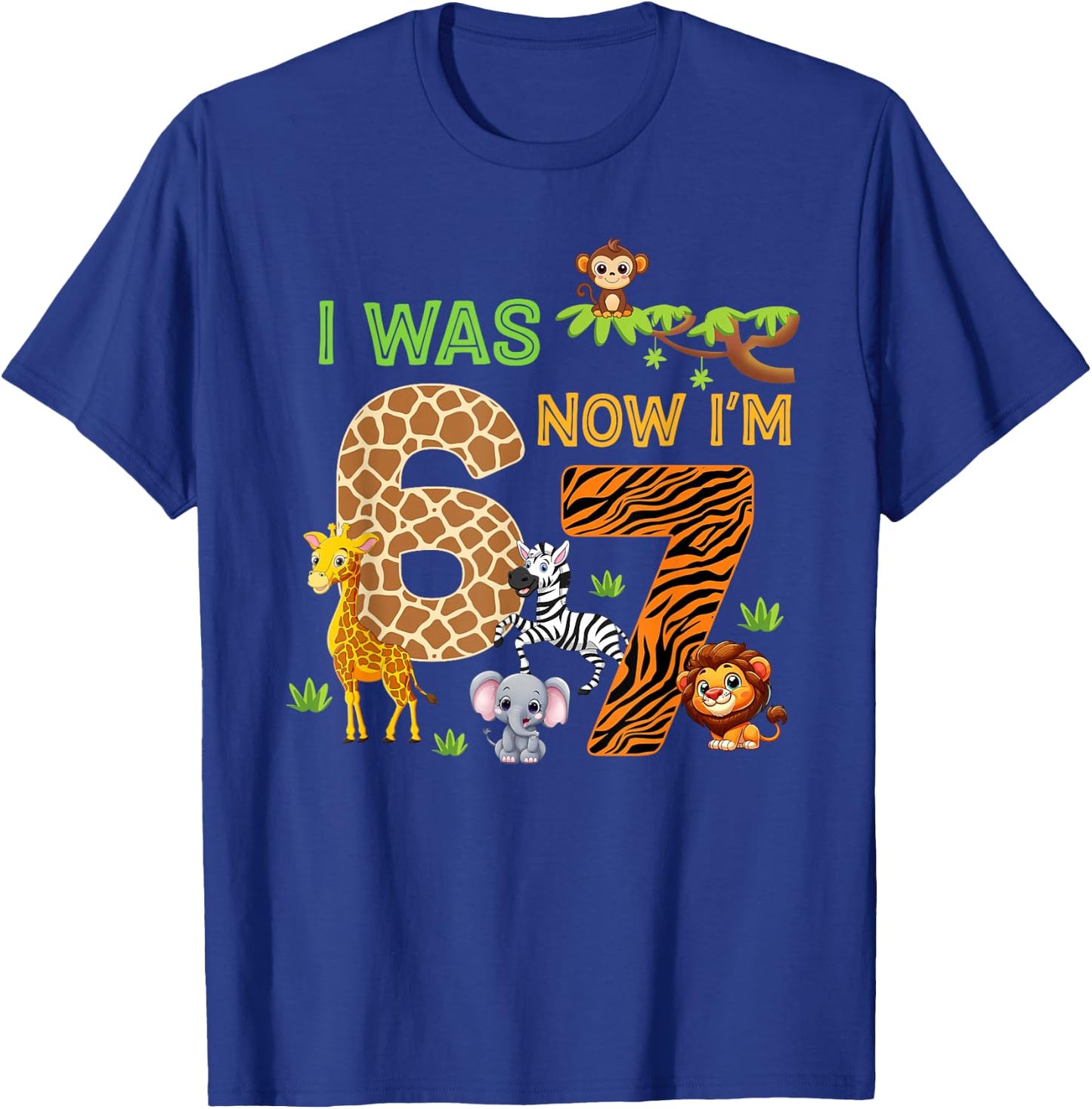 I was 6 Now I'm 7 Wild 7th Birthday Kids Safari Zoo 6 7 Meme T-Shirt - T-Shirt | Royal