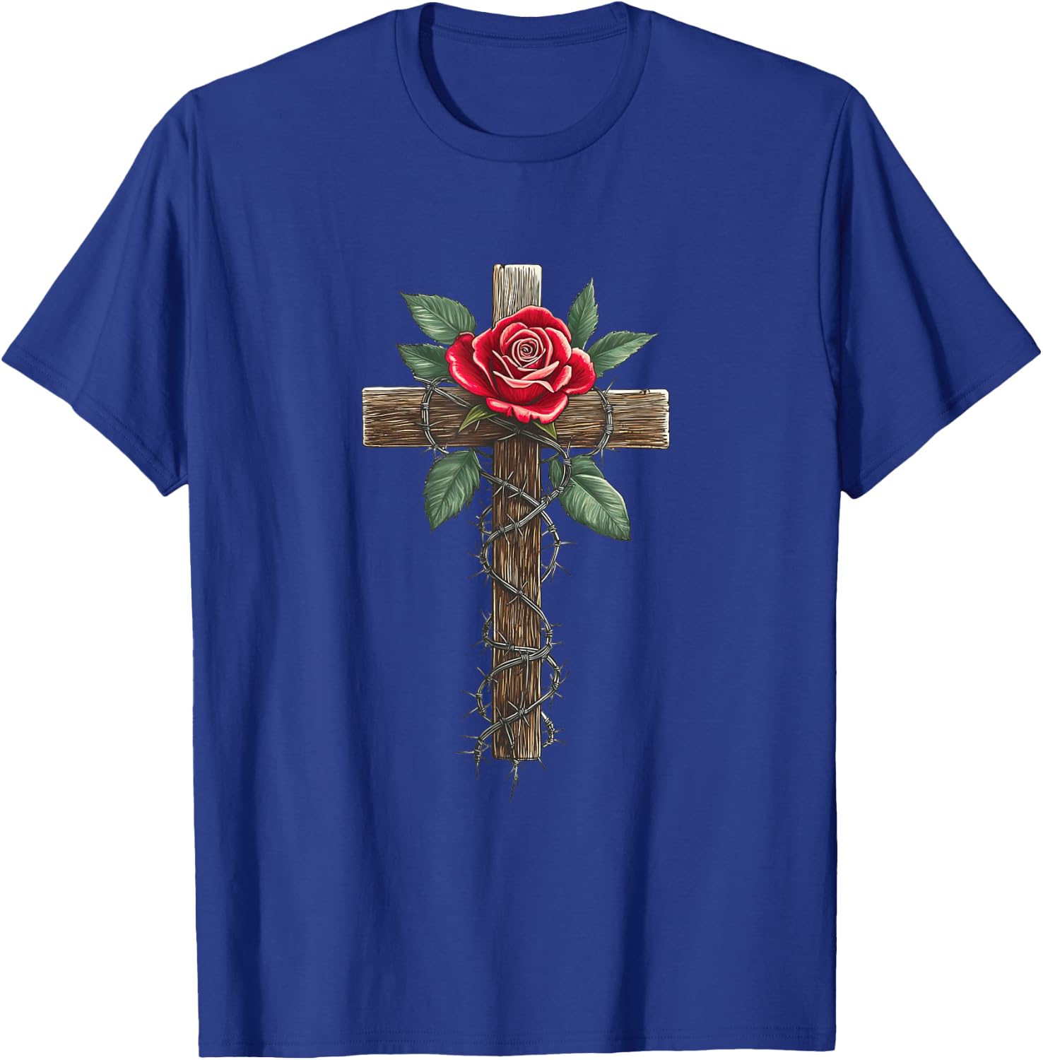 Cross with Rose and Thorns T-Shirt - T-Shirt | Royal