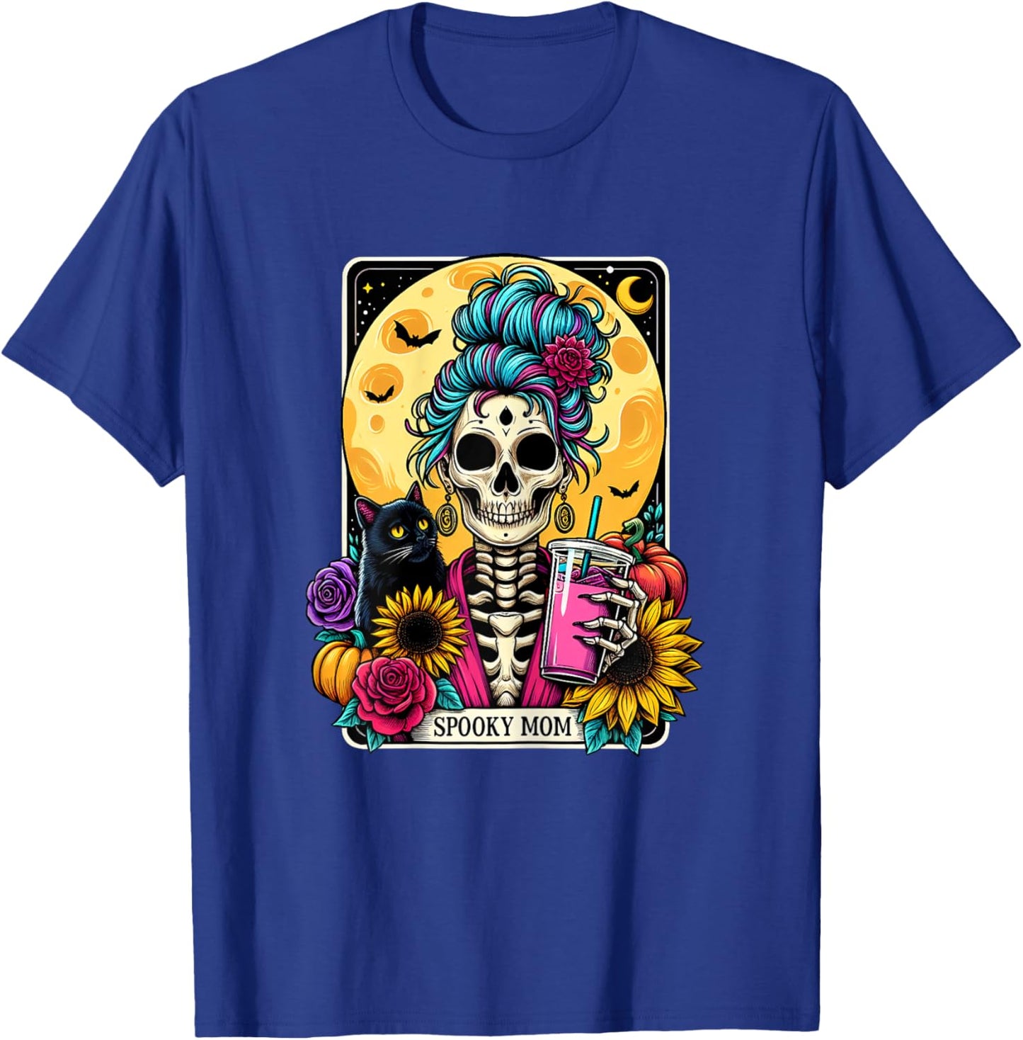 Spooky Mom Tarot Card Halloween Mom Skull Mama Black Cat T-Shirt - T-Shirt | Royal