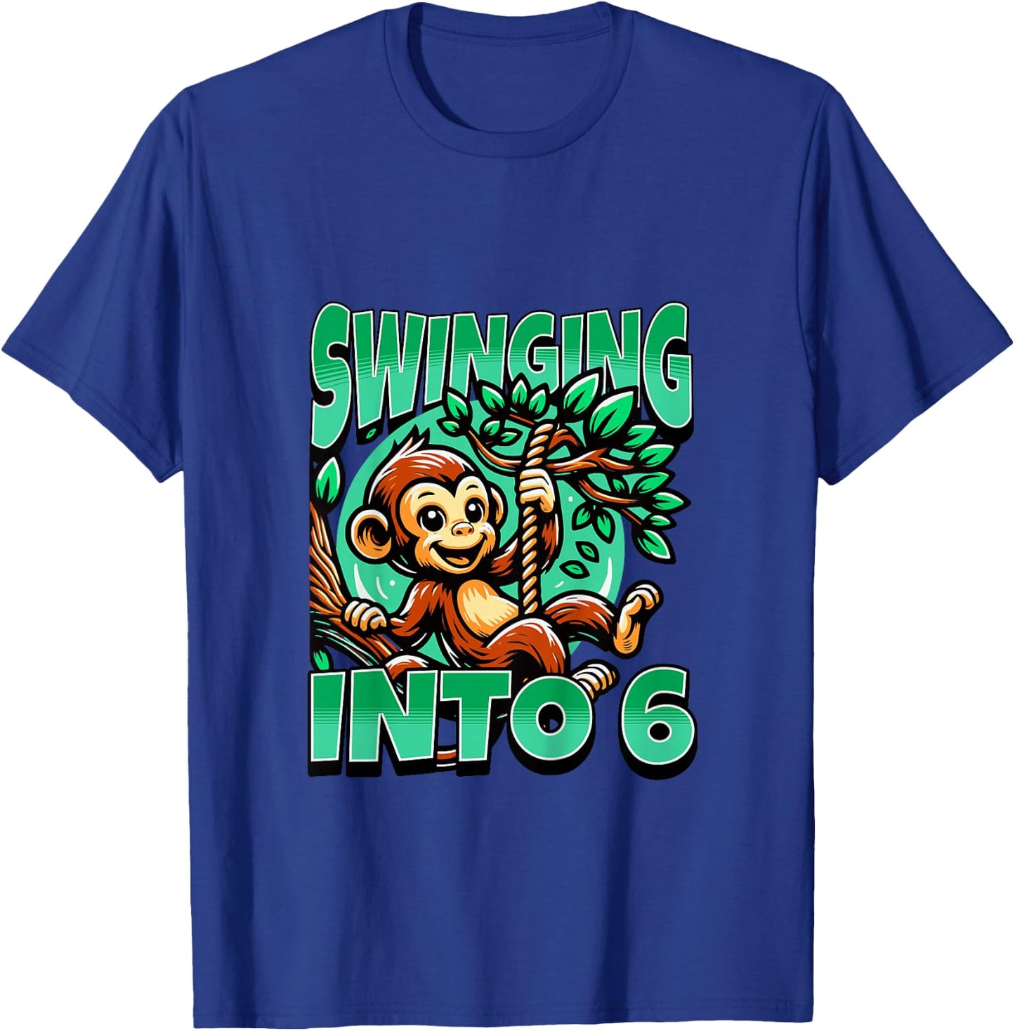 Kids Monkey Swinging Into 6 Year Old 6th Birthday Boy Girl T-Shirt - T-Shirt | Royal