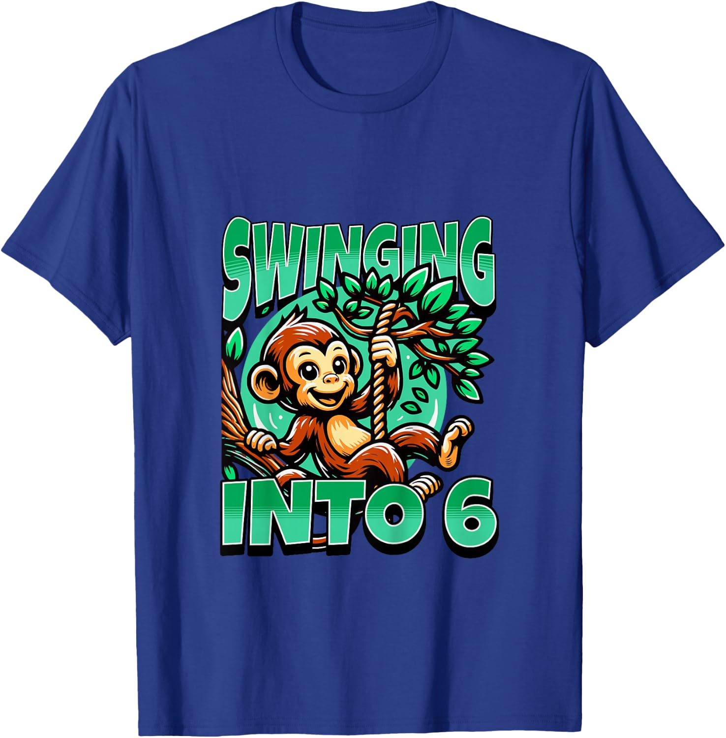 Kids Monkey Swinging Into 6 Year Old 6th Birthday Boy Girl T-Shirt - T-Shirt | Royal