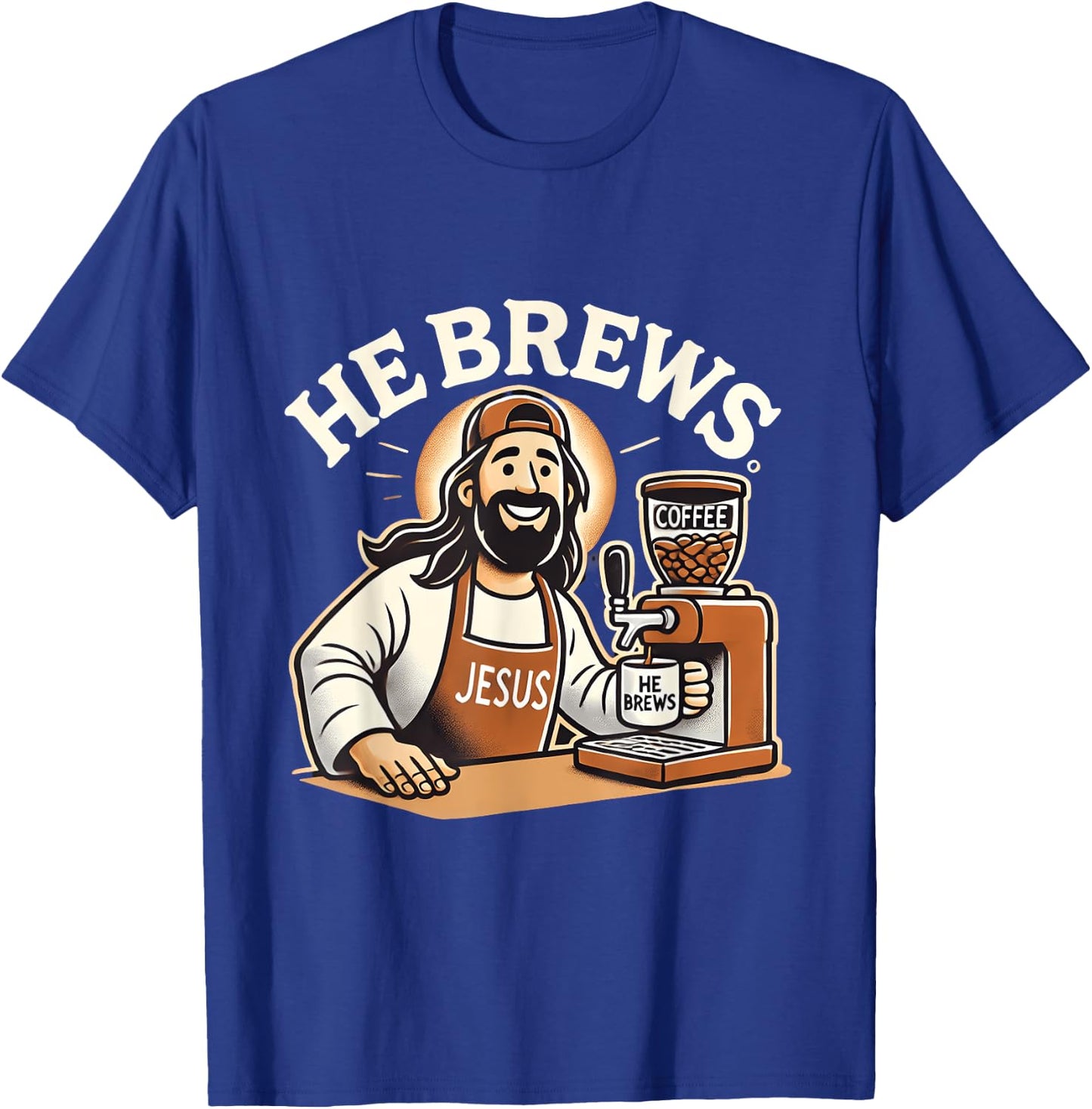He Brews Coffee Jesus Cartoon Fun Christian Design T-Shirt - T-Shirt | Royal