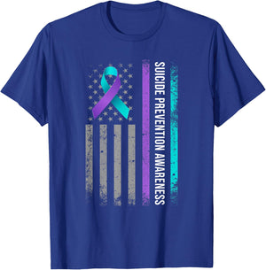American Flag Suicide Prevention Awareness Teal and Purple T-Shirt - T-Shirt | Royal