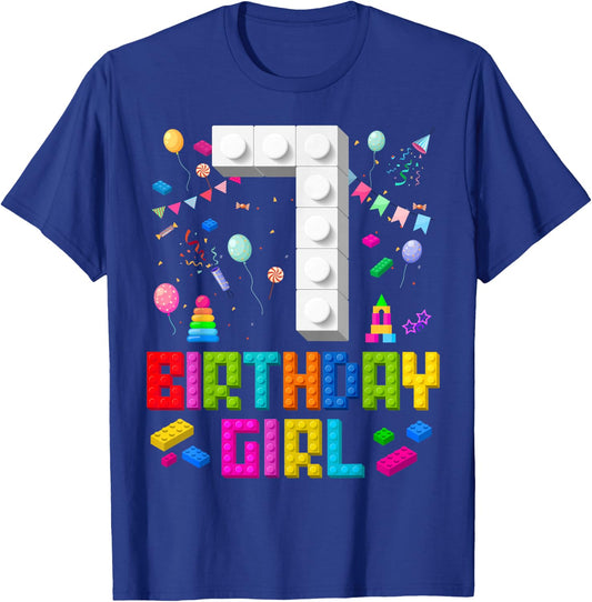 7th Birthday Girl Master Builder 7 Years Old Building Block T-Shirt - T-Shirt | Royal